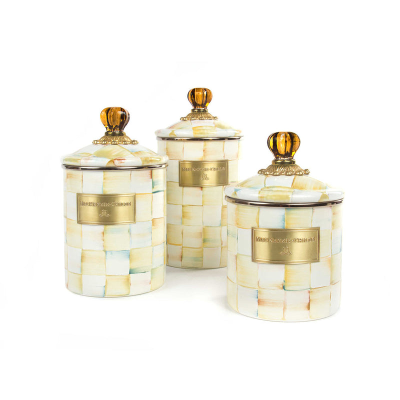 Mackenzie Childs Parchment Check Enamel Canister in three sizes