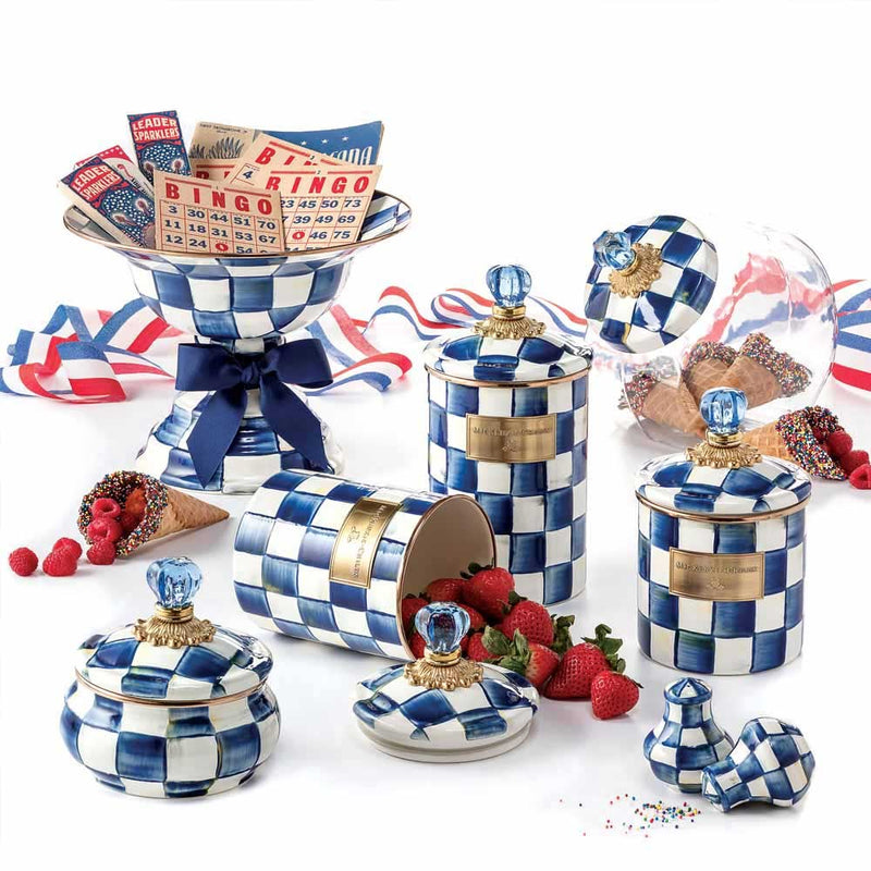 Mackenzie Childs Royal Check Canisters in three sizes with Mackenzie Childs Royal Check Compote and Cookie Jar